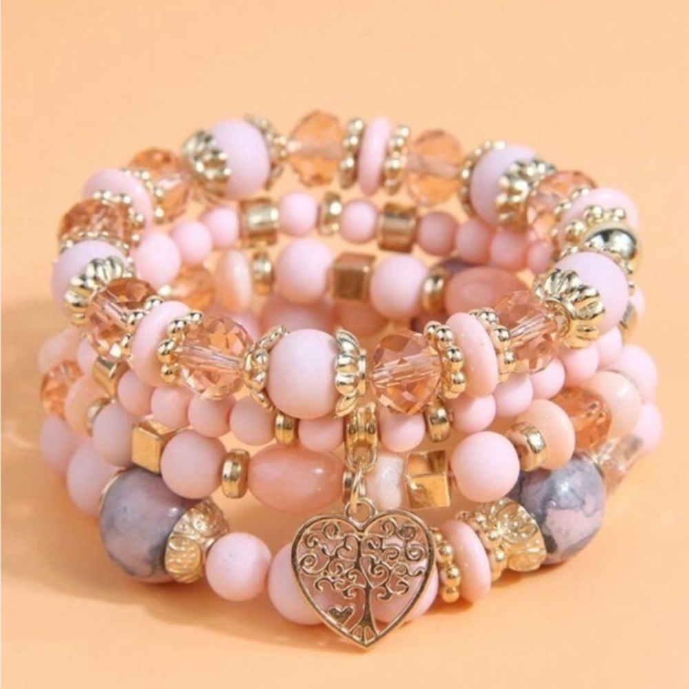 Pink and Gold Tree of Life Beaded Bracelet Set